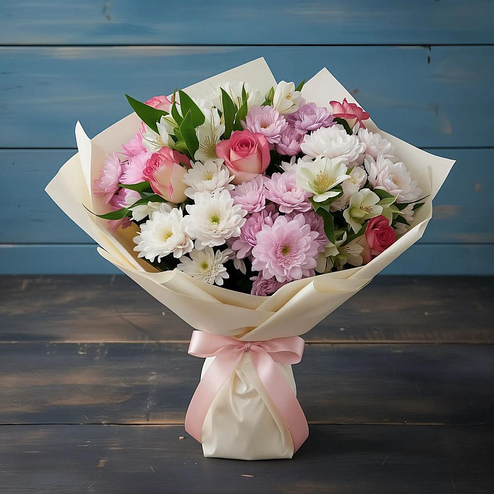 Букет цветов из: Хризантемы, Альстромерии и Розы в Романово